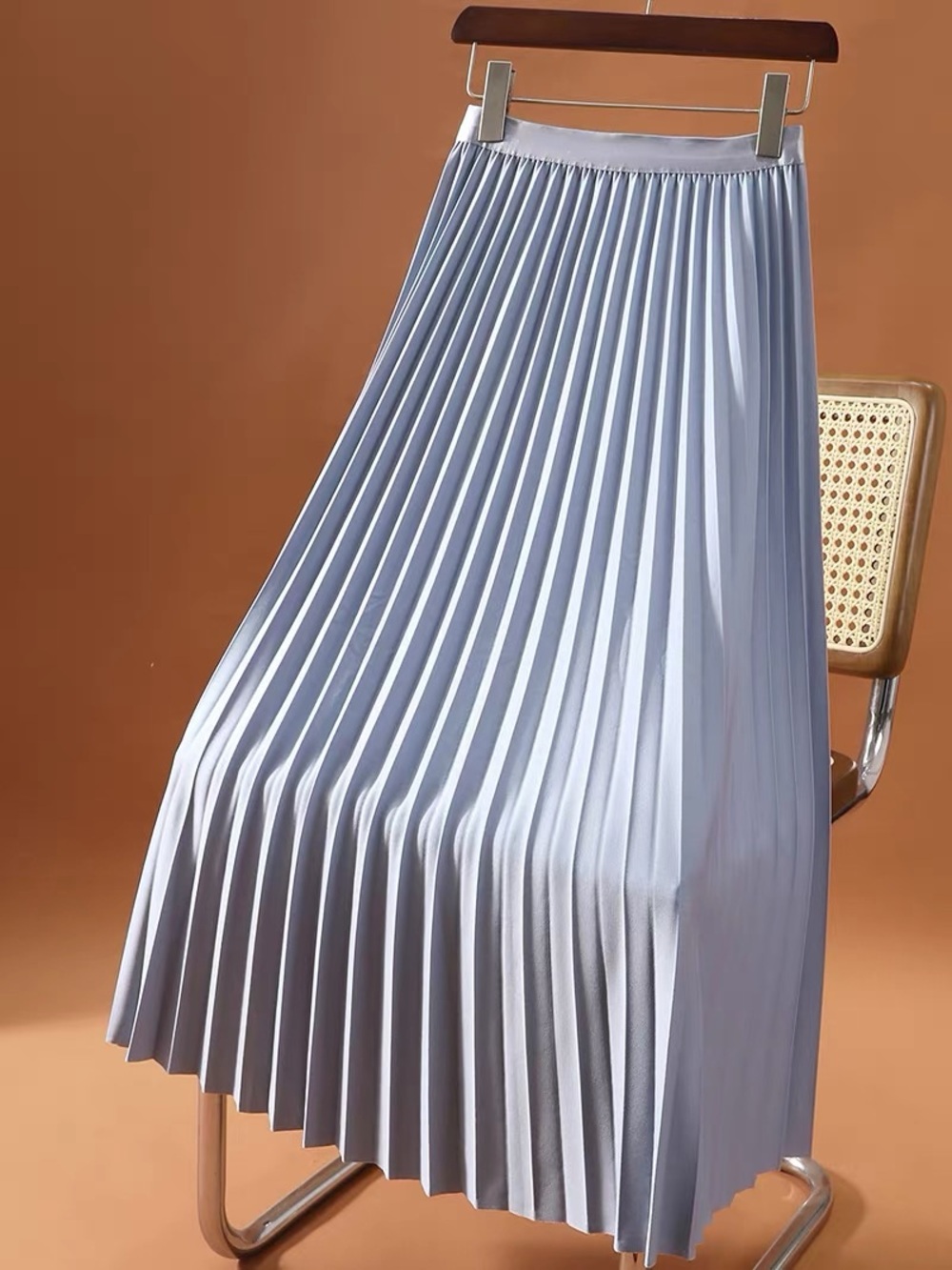 Light Blue Pleated Satin Maxi Skirt with Elastic Waist